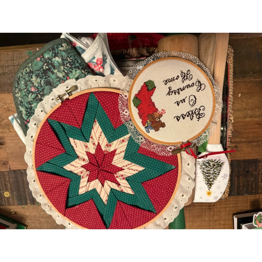 Vintage Christmas Embroidery Quilted Star Hoop Art Bless Our Country Home Decor